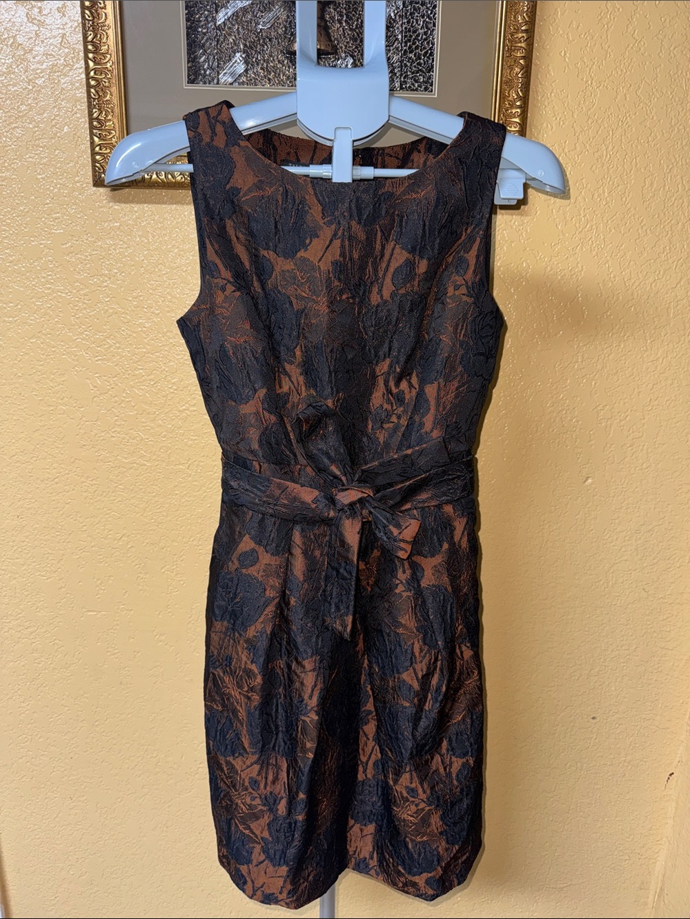 Talbots Black and Brown Floral Jacquard Sheath Dress with Waist Tie